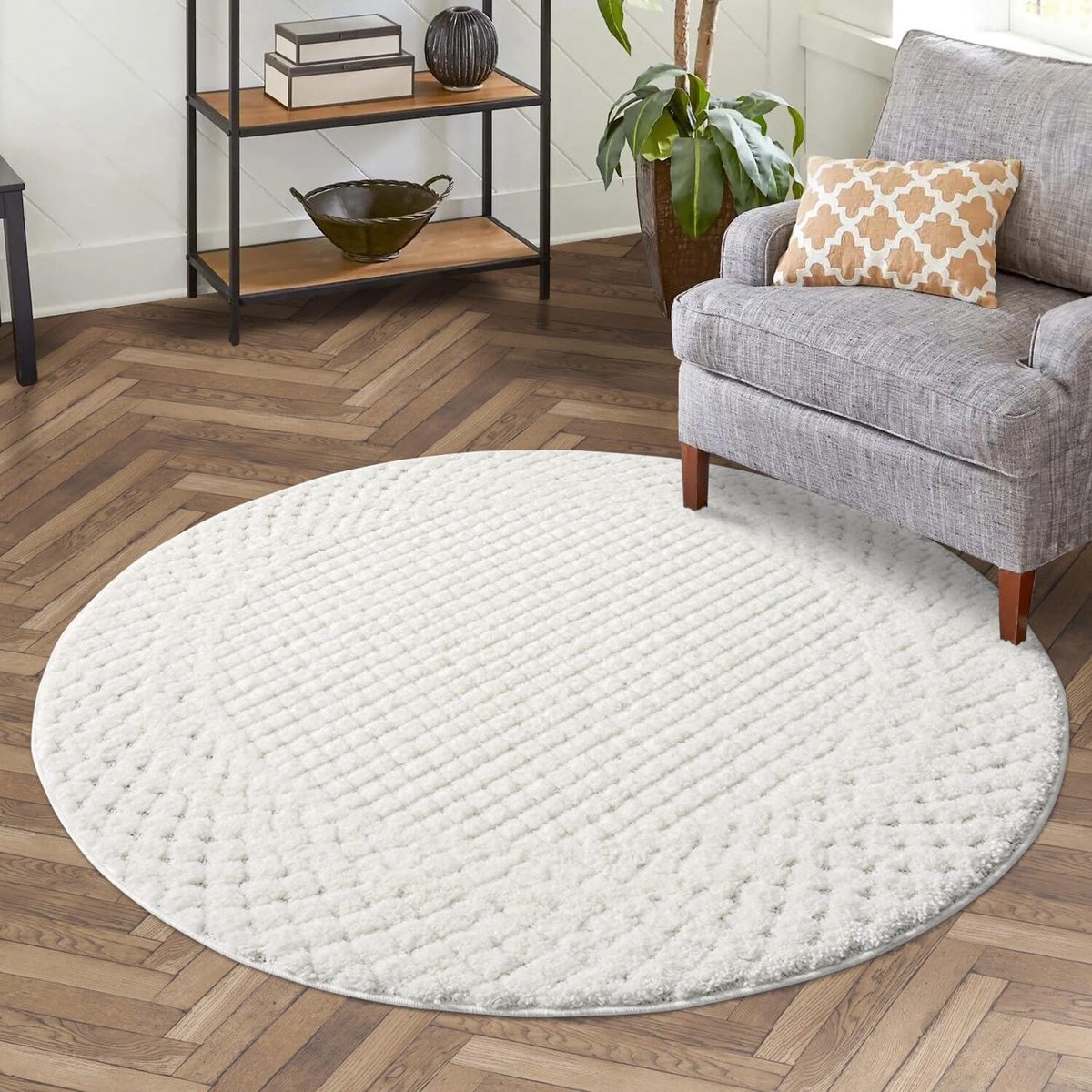 Carpet city Vloerkleed Woonkamer Hoogpolig Crème - 160 cm Rond - Hoog-diep Patroon, 3D-Effect Rand - Bedvoorkledje Slaapkamer Vloerkleden Boho, Skandi