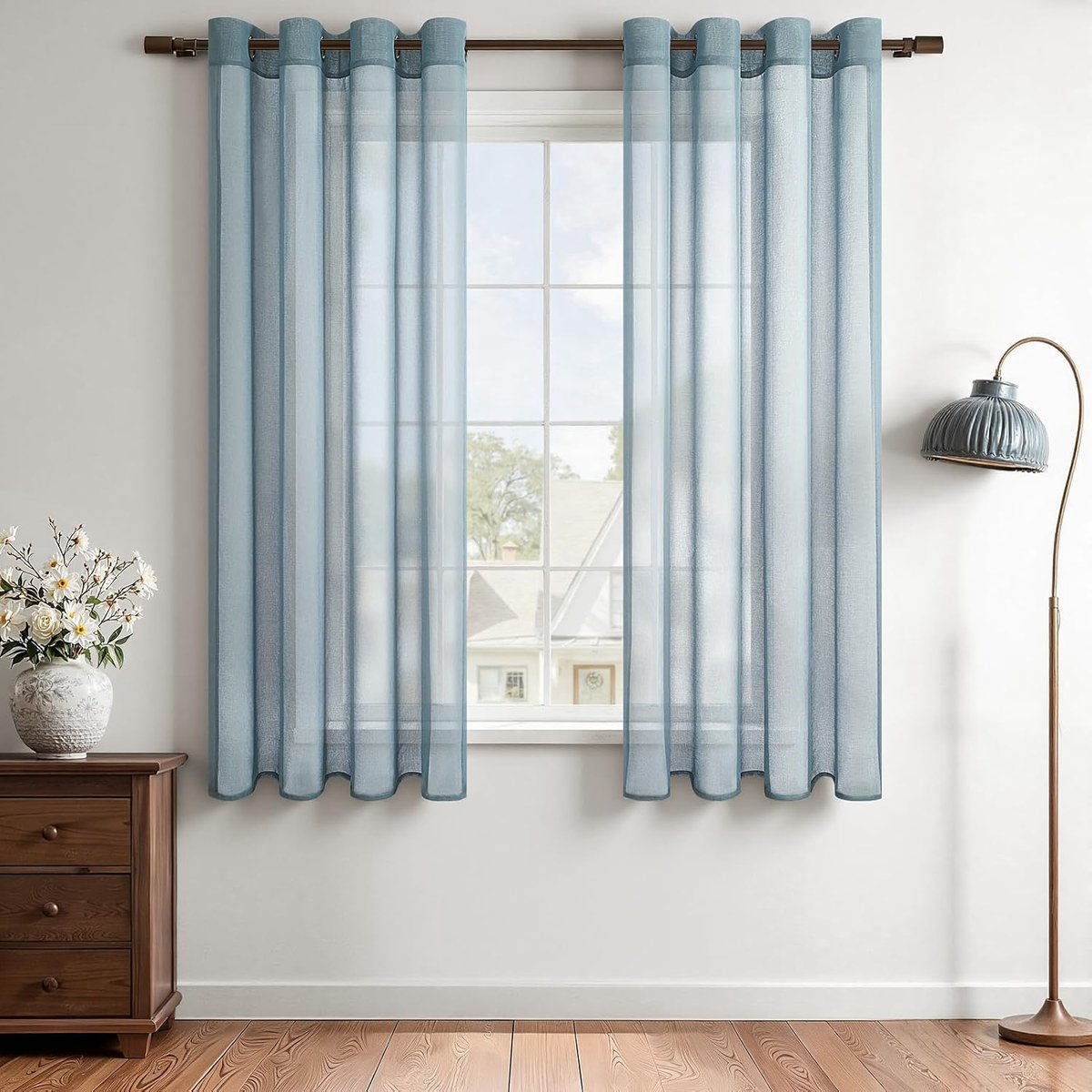 Vitrage, voile stof, halfdoorzichtig, kort, met ingestanste ringen, linnenlook, voor woonkamer, slaapkamer, kinderkamer, donkerblauw, 160 x 140 cm (h x b), 2-delige set