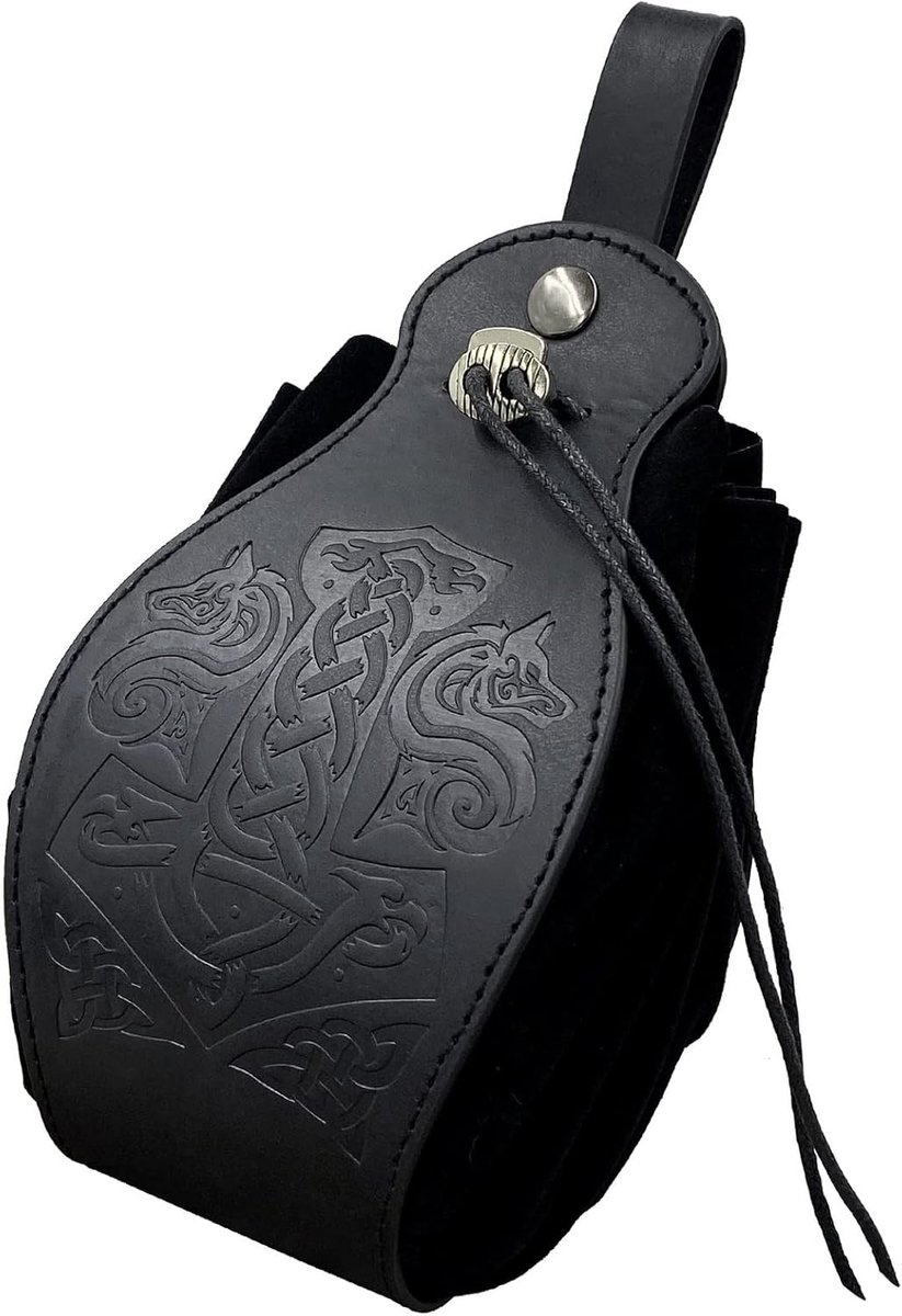 Kunstlederen zakje,Draagbare Drawstring Belt Bag, LARP Reenactment Dobbeltas, Vintage Waist Bag voor Sieraden Munt Kleine Accessoires (Hamer van Thor)