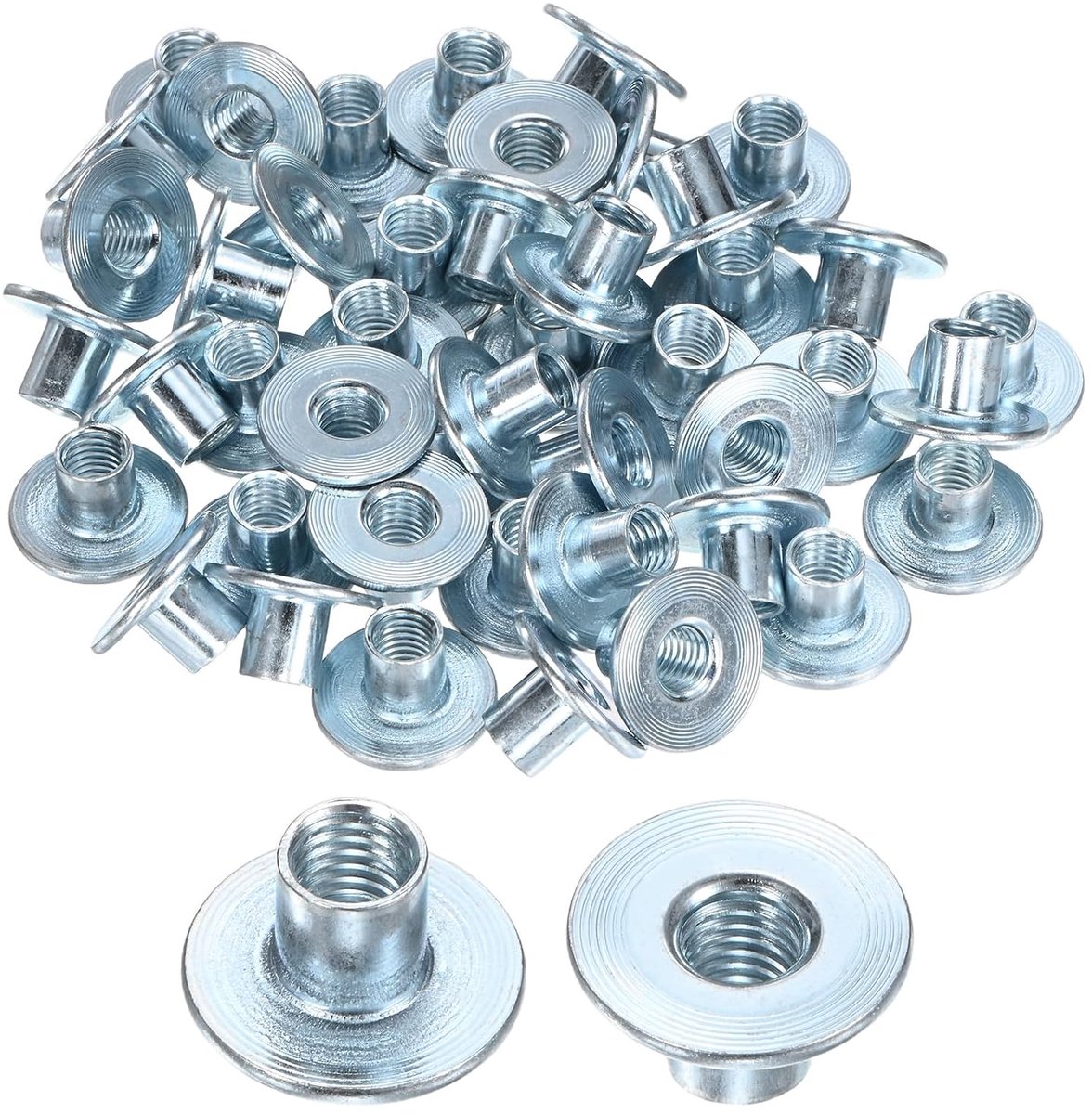 50 stuks M8 x 12 mm T-groef verzinkt koolstofstaal T-groef ronde basis lasmoeren, doorgangsgat, meubelbeslag, flens, inschroefmoer, metrische schroefdraad, zilver