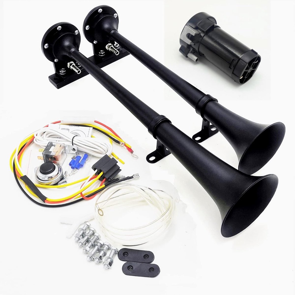 Luchthoorn 24V Auto Hoorn 160db Chrome Zink Dubbele buis Trompet Zwart Truck Hoorn Elektrische hoorn Alarm Hoorn Auto Luidspreker met Compressor luchtpomp voor 24V Auto Truck SUV Motorfiets