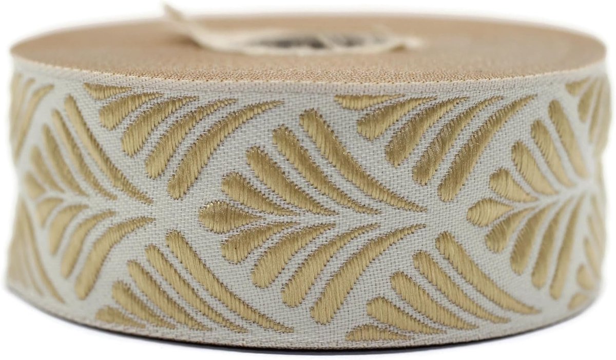 Jacquard Lint Weeft Geel en Beige Schelp 10 m x 35 mm - Rollen Borduurband voor Naaien Decoratie 35273-V7