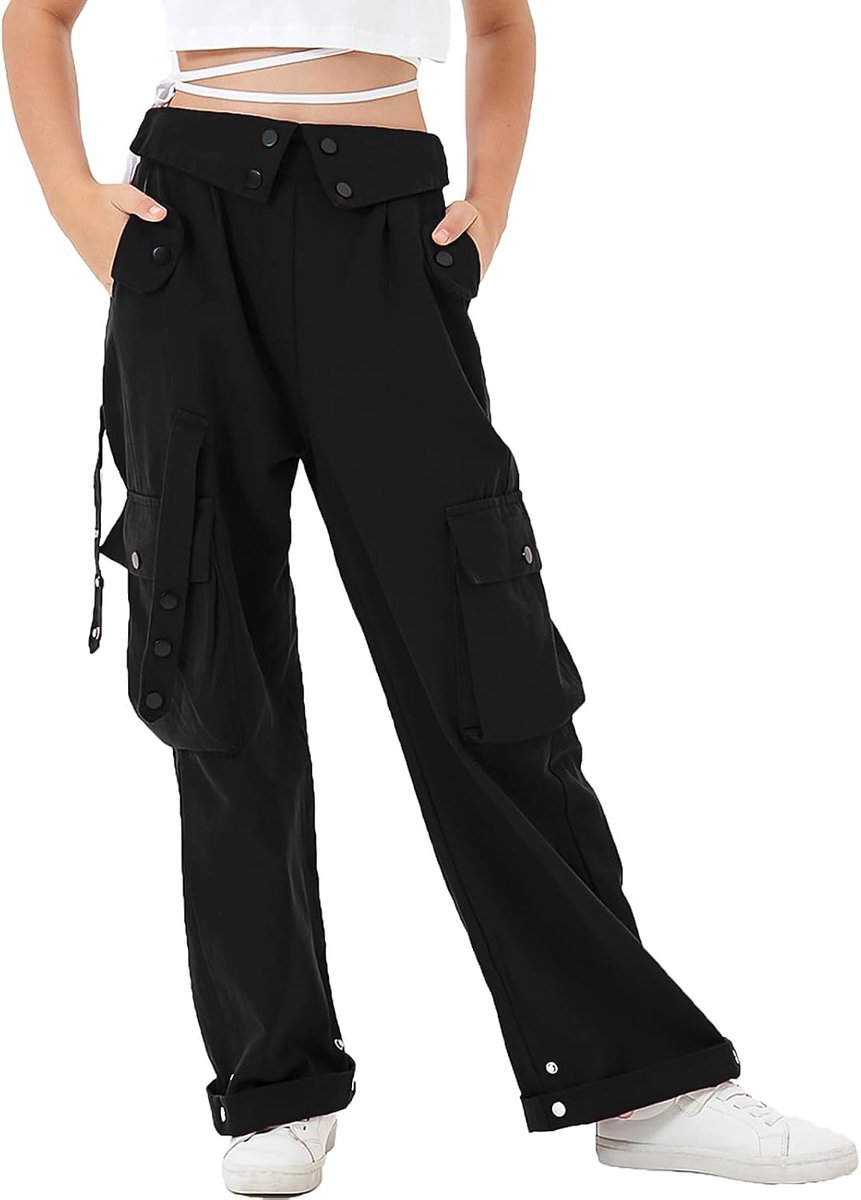 Baggy cargobroek voor meisjes, elastische taille met meerdere zakken, wijde pijpen, cargobroek voor kinderen