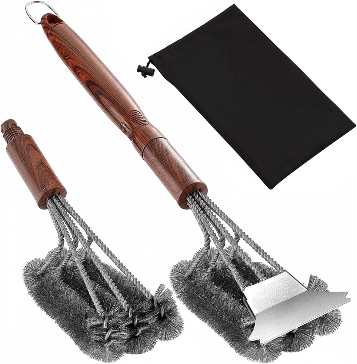 BBQ-draadborstel met roestvrijstalen schraper en antislip handvat, grillschrobber met 2 driehoekige vervangbare kop met opbergtas voor alle soorten barbecues