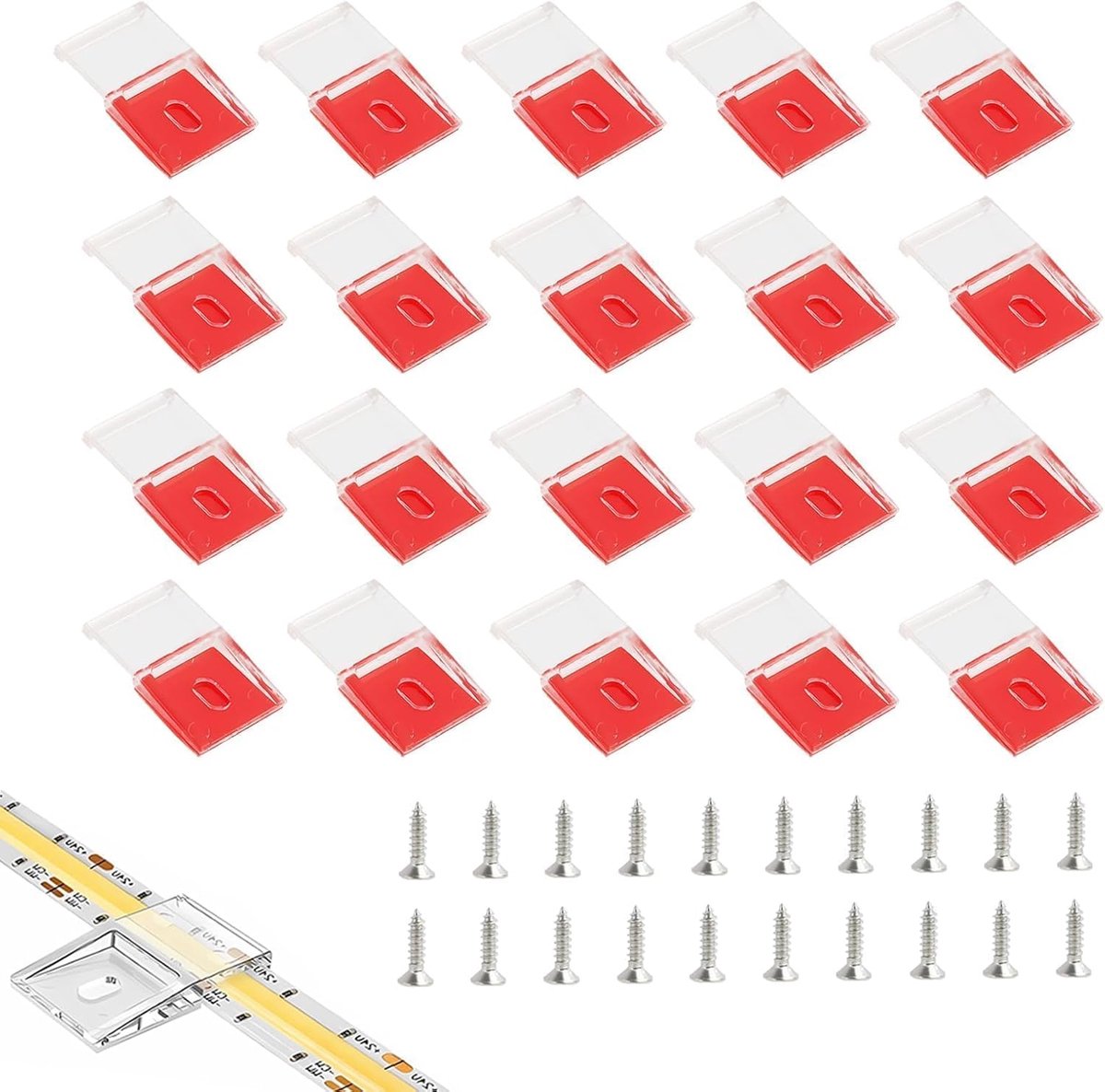 LED strip clips pack van 20 - transparant - zelfklevend met schroeven - optimale bevestiging voor 10 mm LED strips - ShopVlot