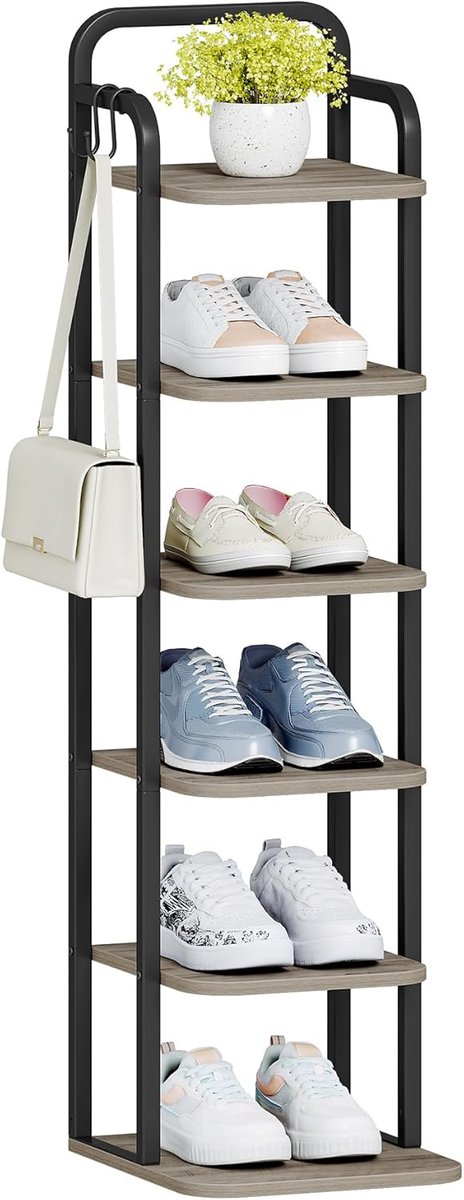 Hzuaneri Verticaal Schoenenrek, Schoenenrek, Schoentoren Voor Kleine Kamers, Vrijstaand, Verstelbaar, Ruimtebesparend, 6 Niveaus, Licht Ivoor En Zwart, Schoenentoren voor kleine ruimtes, licht ivoor en zwart, vrijstaand, verstelbaar