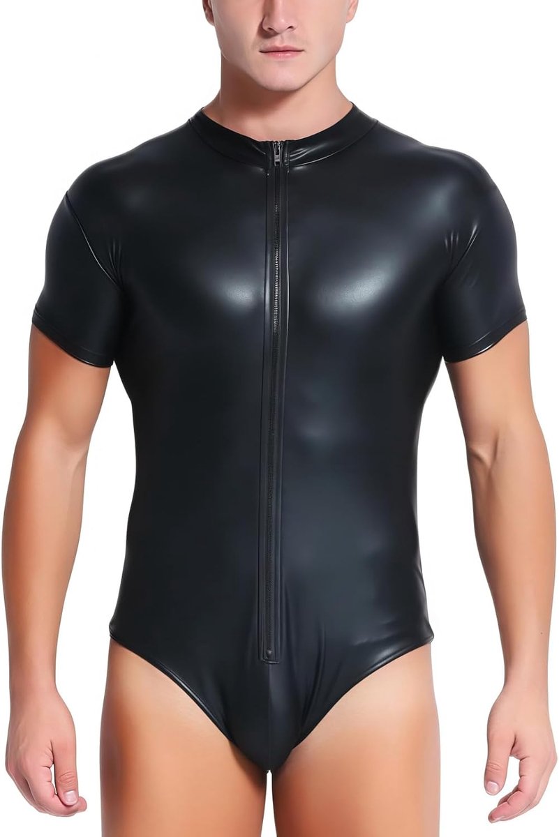 Herenbody eendelig - kunstleer - glanzend met ritssluiting - perfect voor gym en dans - ShopVlot