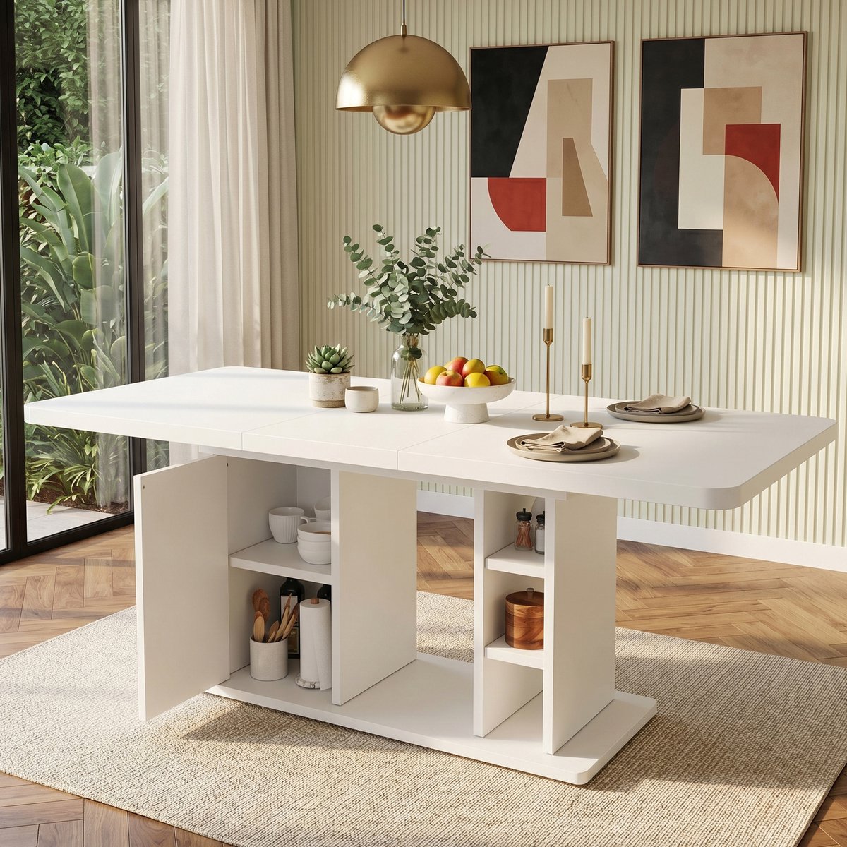 Uitbreidbare Eettafel 140/180 cm - Eettafel Met Opbergruimte Voor 6-8 Personen Scandinavische Stijl Wit