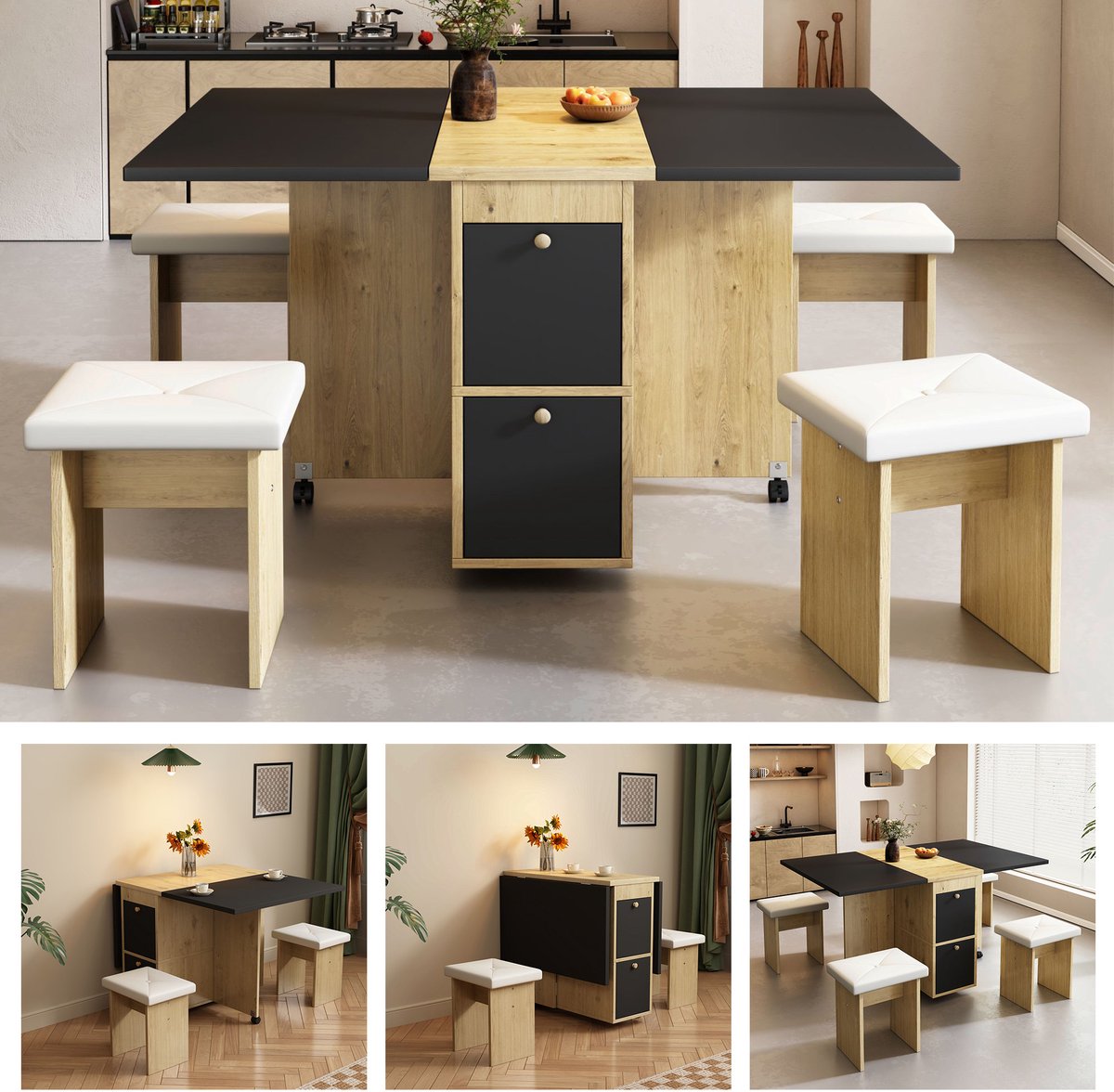 Eettafel Set 5 Delig - Uitklapbare Eettafel 120x80 cm Met 4 Eetkamerstoelen - Wit Eiken Zwart