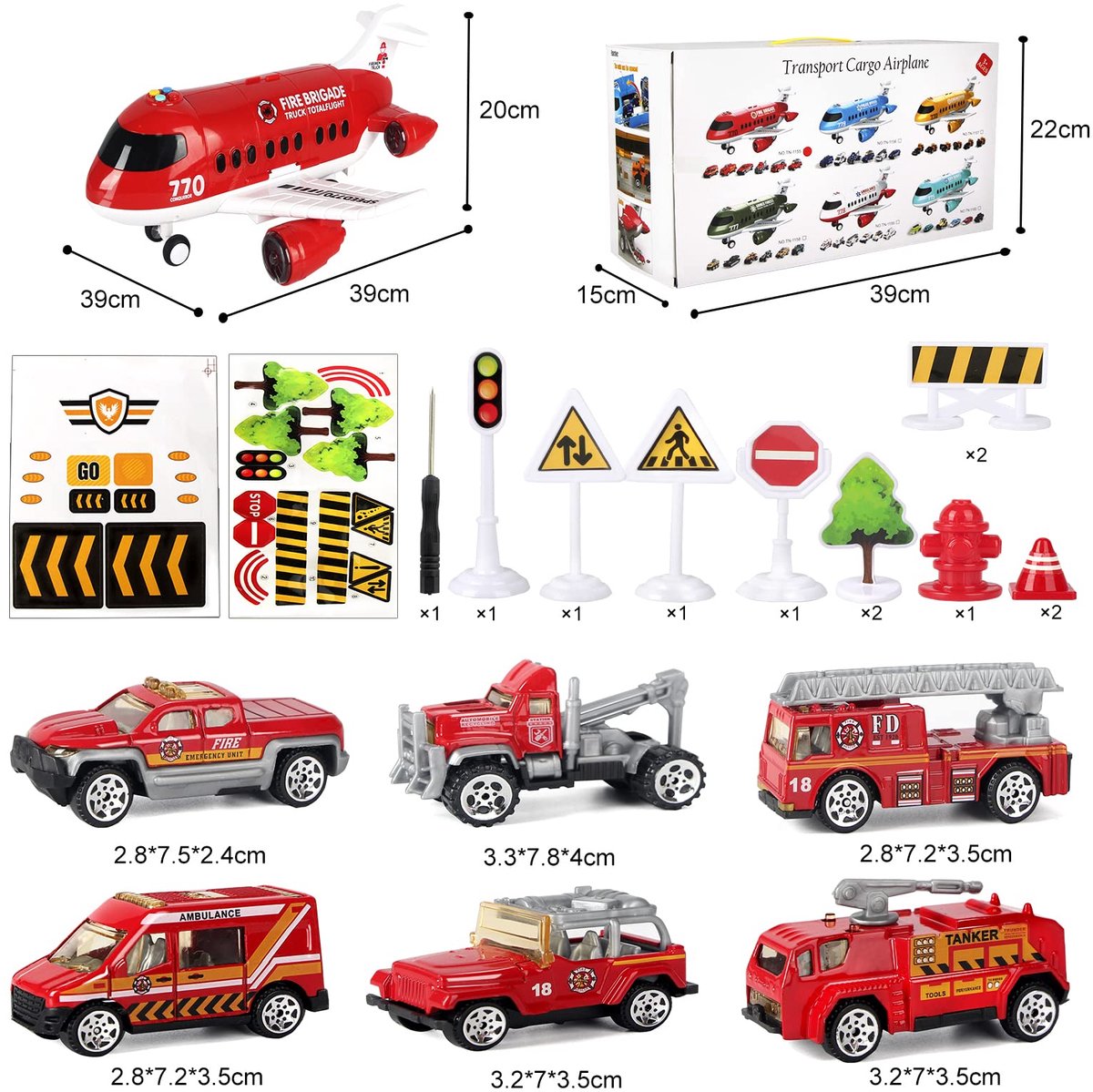 Speelgoedauto brandweervliegtuig - met verkeersborden - voor peuters - stimuleert creatief spel - ShopVlot