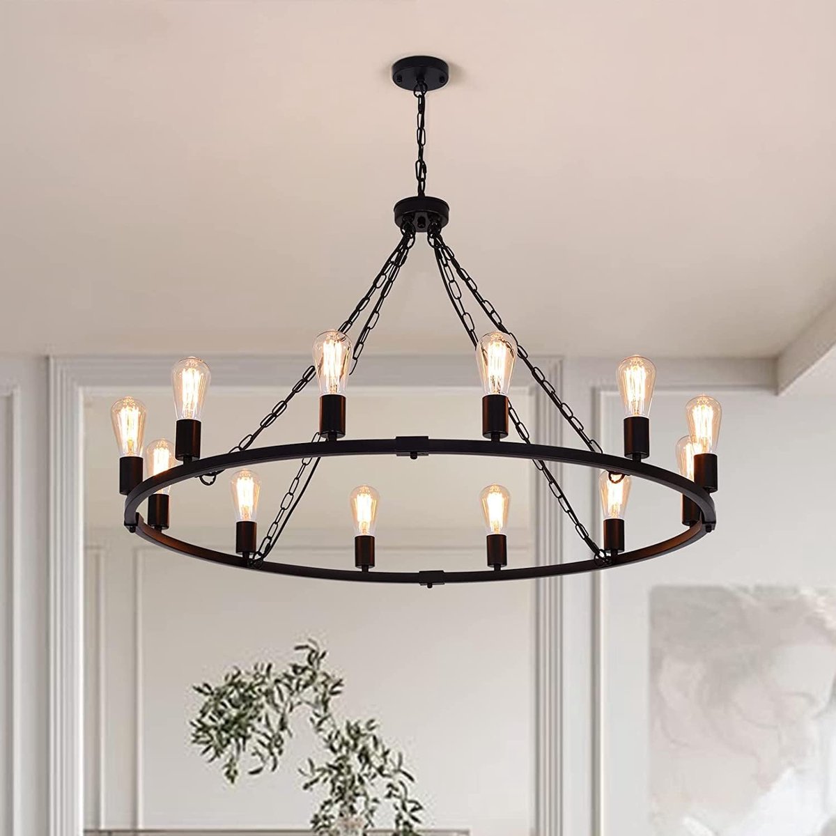 Chandelier 12 lichts - vintage stijl - zwart met witte berkenafwerking - perfect voor de eetkamer - ShopVlot