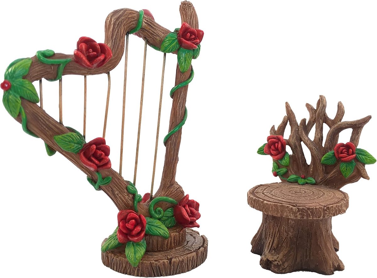 Miniatuur Harp en Stoel Set - Elegante Mini Meubels - Versierd met Rozen - Perfect voor Faunatuinen - ShopVlot