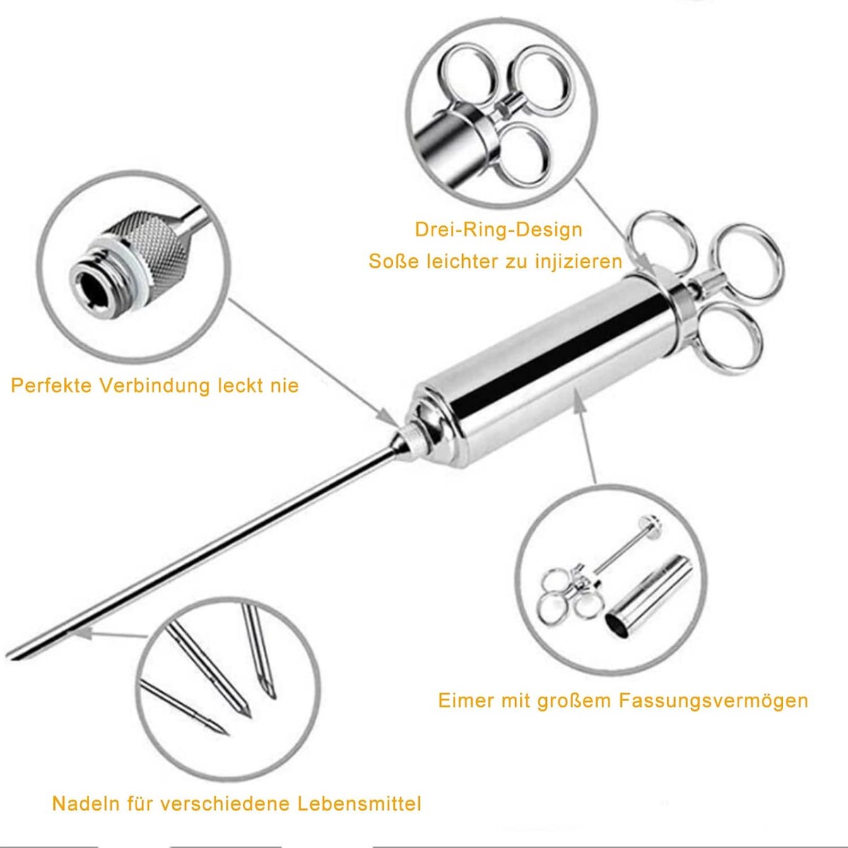 BBQ marinade spuitset - roestvrij staal 304 - 1 marineringsborstel, 3 spuiten, 1 paar vleesklauwen, 1 grillthermometer - ShopVlot
