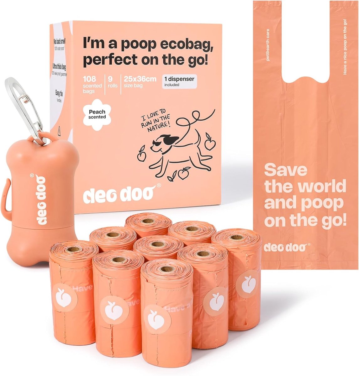 Deo Doo Dog Poop Bags with Handles and Holder, 108 Bags, Peach Fragrance - ShopVlot
