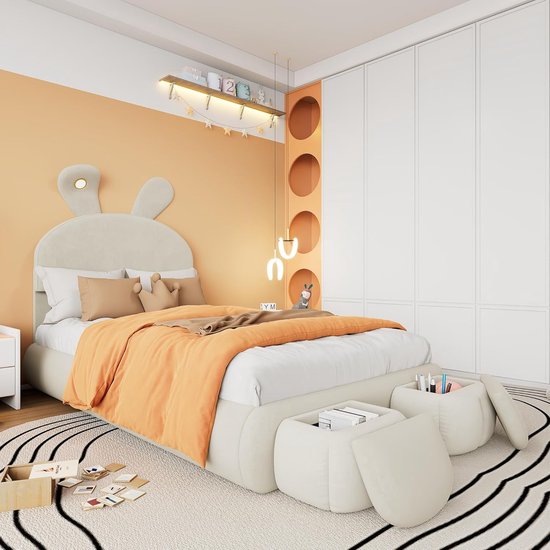 Gestoffeerd Kinderbed - Bed met Opbergkrukken - Slapen en Opbergen - Uniek Konijnenoor Design - 90 x 200 cm — afbeelding 2