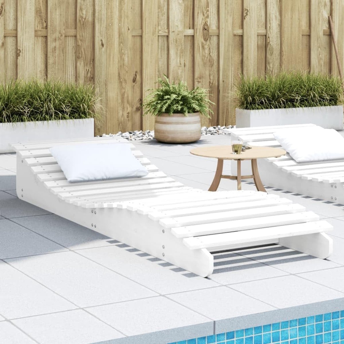 Houten zonneligstoel, grenen wit, 205 x 70 x 31,5 cm, ergonomische S-vorm ligvlak voor tuin, terras, zwembad, lattendesign, outdoor, relaxen