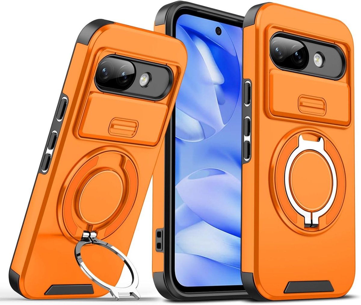Hoes voor Google Pixel 9/9 Pro met camerabescherming, oranje | Militaire bescherming, schokbestendig, krasbestendig, met ringstandaard, beschermhoes, telefoonhoes voor Google Pixel 9