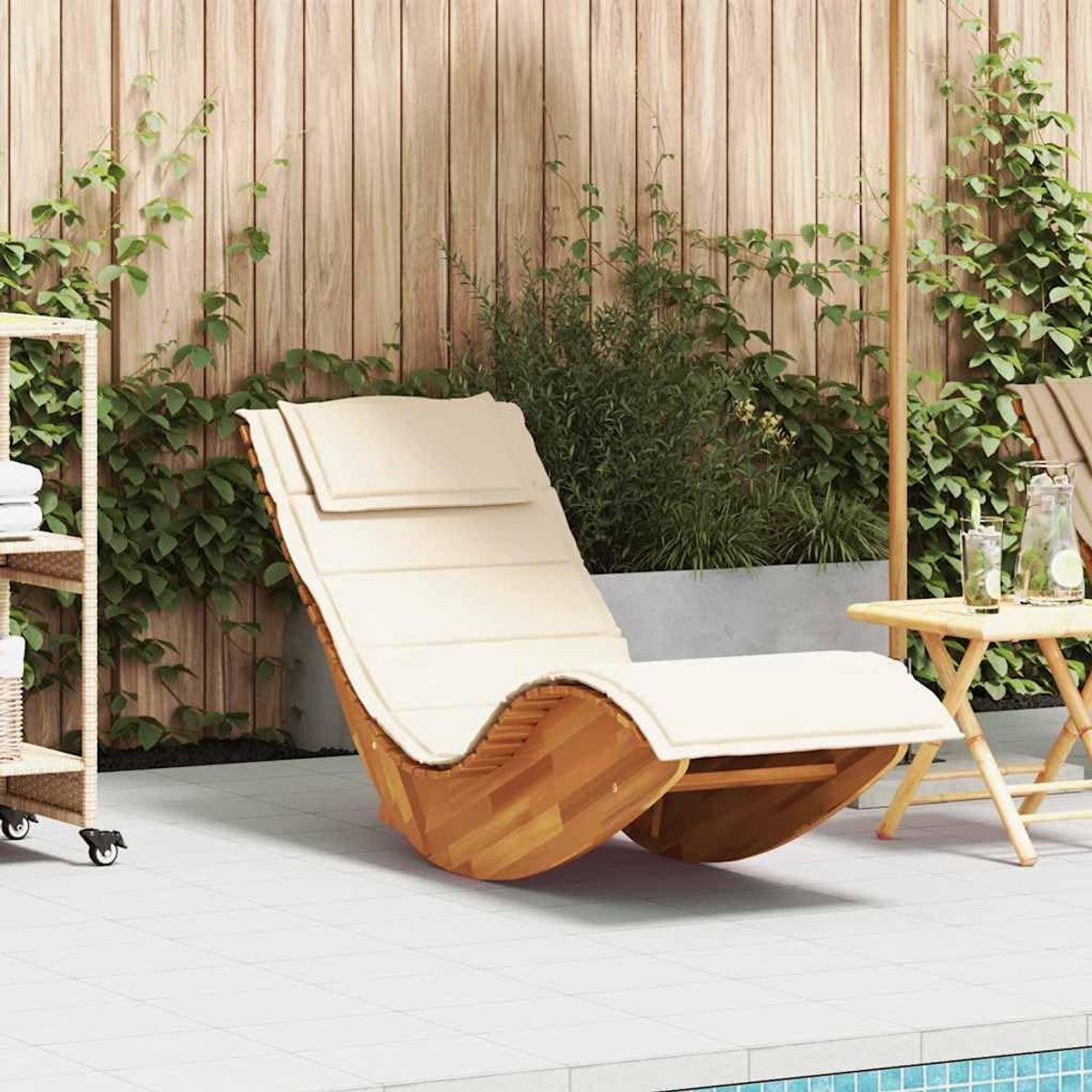 Schommelligstoel met kussen van massief hout acacia voor tuin, terras, zwembad, robuuste weerbestendige houten schommel met ergonomisch ligvlak en ademend