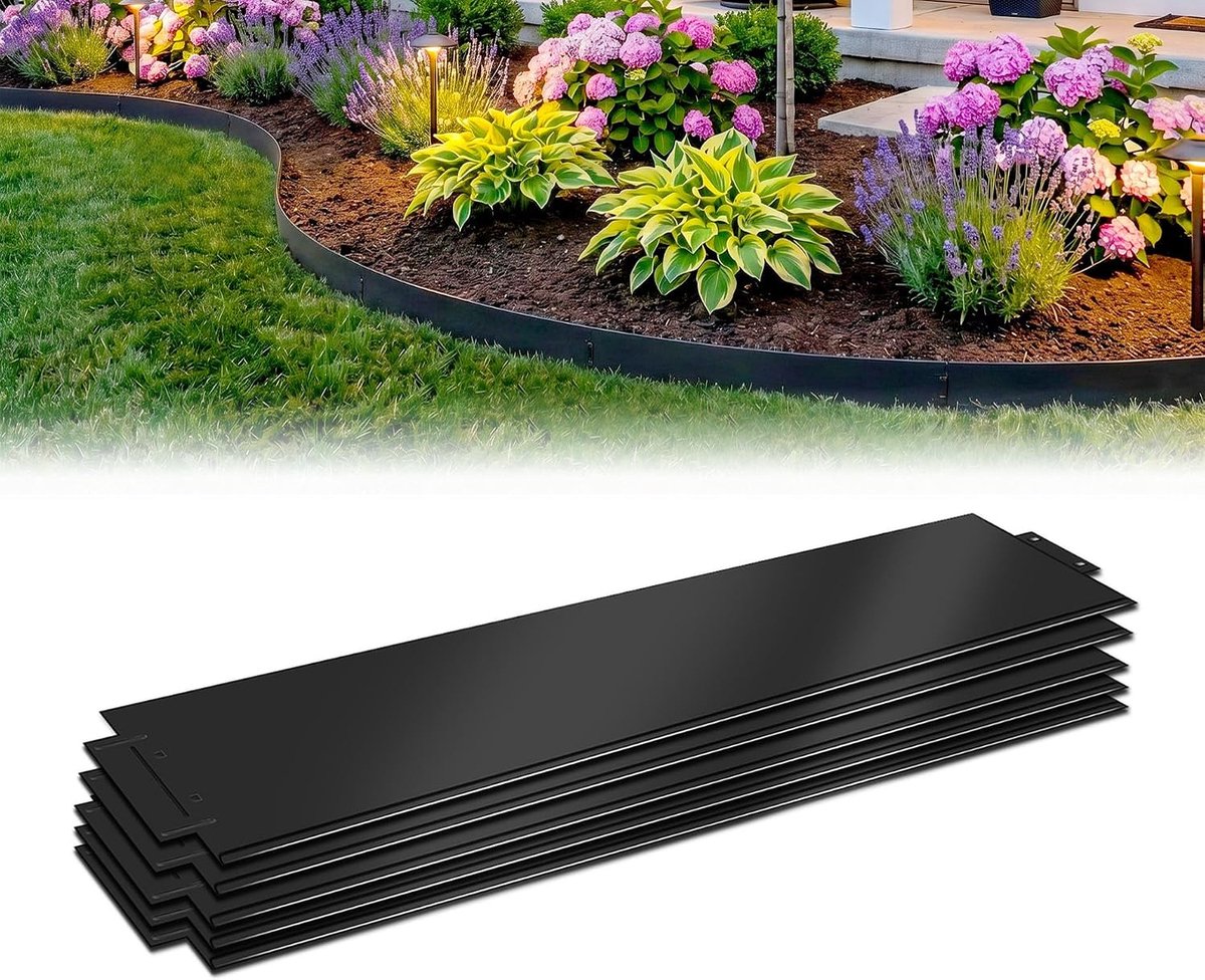 Gazonrand, verzinkt metaal, 15 cm hoogte, 15 m bloembedrand, maairand, palissade, buigbare tuinpalissade, insteeksysteem, zwart