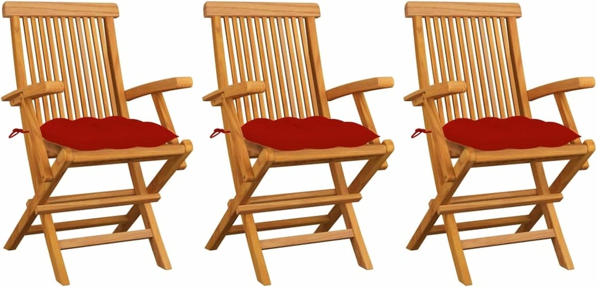 Tuinstoelen met rood kussen, 3 stuks, massief hout, teak, balkonstoel, tuinstoel, balkonstoel, terrasstoel, tuinstoel, stoelen voor balkon, terras