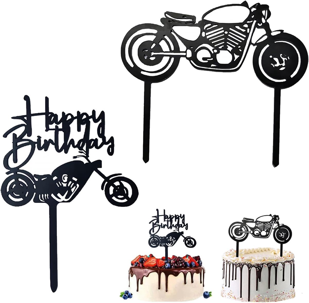 Taarttopper, 2 stuks Happy Birthday-taarttopper, motorfiets taarttopper, acryl taartdecoraties voor verjaardagstaart decoraties in verjaardagsfeestje (motorfiets)