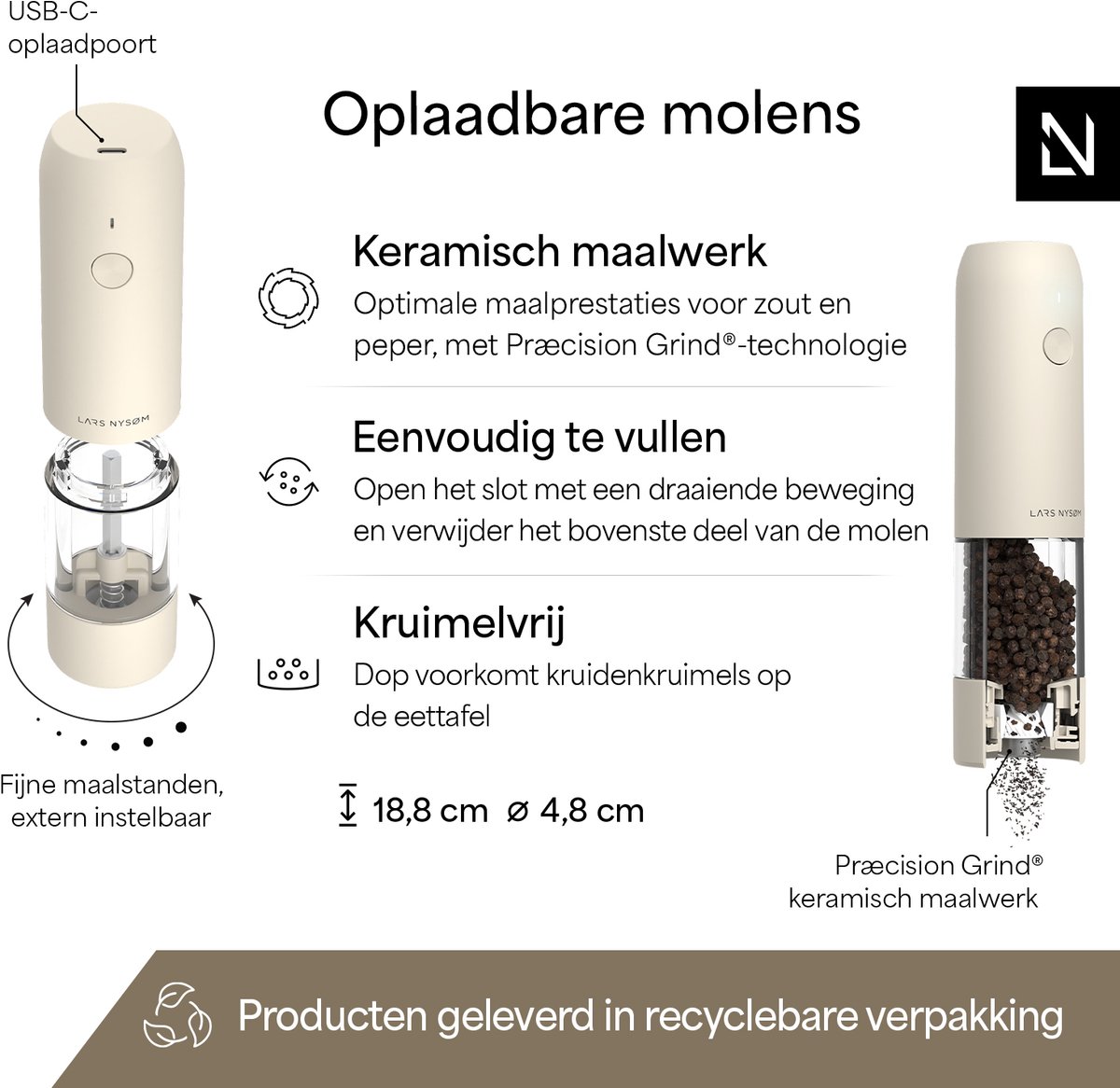 LARS NYSØM LARS NYSØM Elektrische Zout- en Pepermolen Set van 2, USB-C Oplaadbaar, Automatische Kruidenmolen, Instelbare Maalgraad, Keramisch Maalwerk, LED-licht, Navulbaar (Cream Beige) — cadeau in Kookcadeaus - foto 2