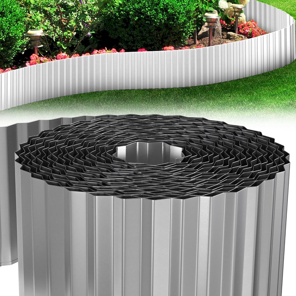 Gazonrand, flexibele gazonomranding van metaal, verzinkt, bloembedomranding, tuinafbakening voor wortelstop, gazon, maaikant, bloembed, zilver, 18 cm x 1000 cm