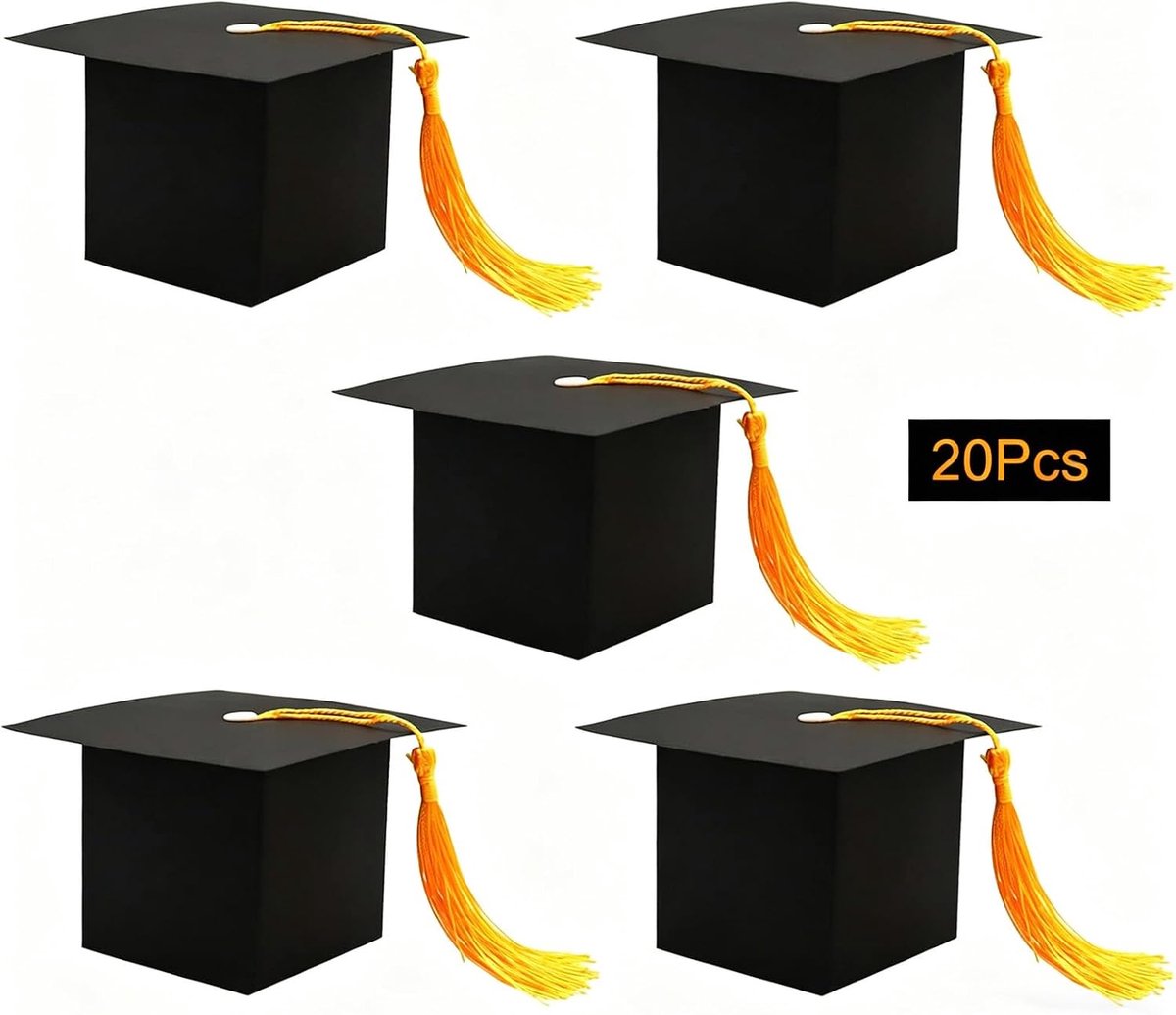 Zwart, doktershoed, doos, felicitatie, vrijgezellenhoed, geschenkdozen van karton met gele kwastjes voor 2026 afstuderen, decoratie, geschenken, verpakking van snoep (20 stuks)