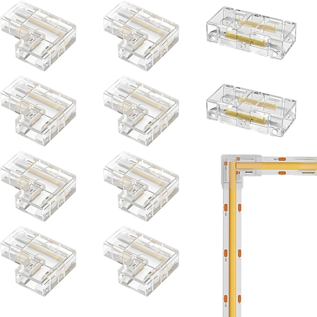 10 stuks ledstripconnectoren, hoekverbinders, L-vorm en transparante middenverbinder, naadloze soldeervrije stekker, 8 mm, 2-pins connector voor splijtvrij solderen strip hoekverbinding