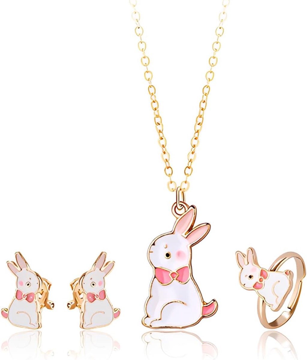 4 stuks konijnenketting, ring, oorbellen voor meisjes, sieraden voor meisjes,konijnenketting, paashaas hanger, kindersieraden, paashaas ketting, cadeaus voor meisjes