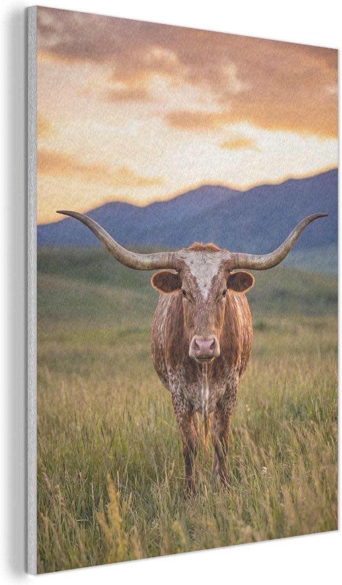 "MuchoWow© Vilten Wandpaneel 60x80 cm Kamer Muurdecoratie Woonkamer Slaapkamer Room Decor Wall Decoration Felt Art Panel Longhorn - Landschap - Zonsondergang"