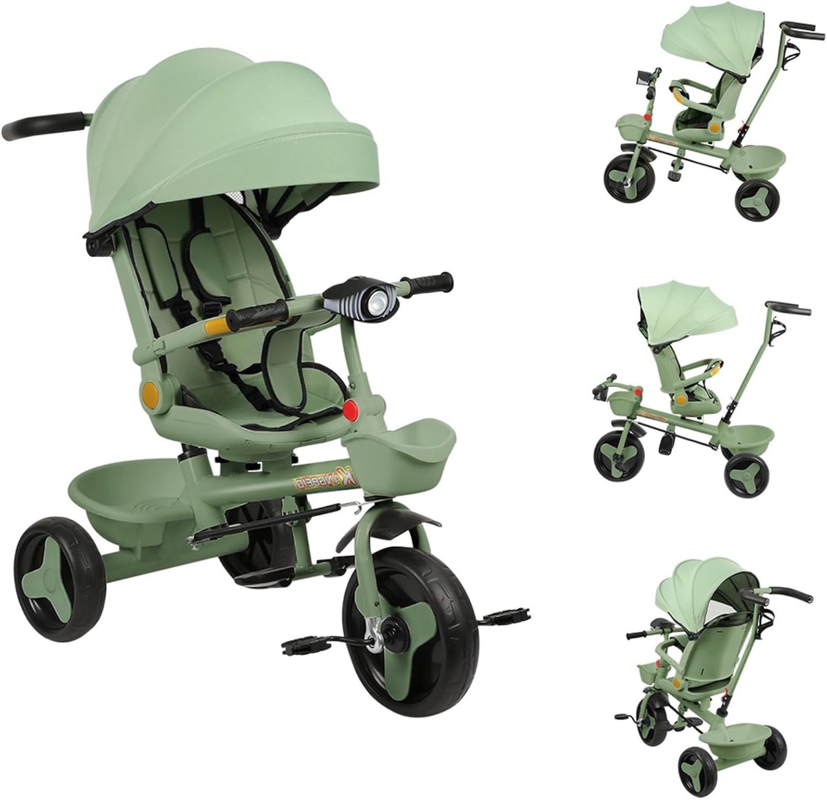Driewieler voor baby's, multifunctionele kinderwagen voor baby's, omkeerbare zitting, verstelbare zonneklep, Trike Babe met licht en muziek, 81 x 49 x 95 cm (groen)