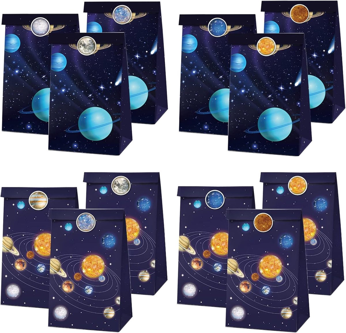12 stuks ruimtepatronen, cadeauzakjes, papieren zakjes, cadeauzakjes met stickers, voor kinderverjaardag, feest, verjaardag, cadeau geven