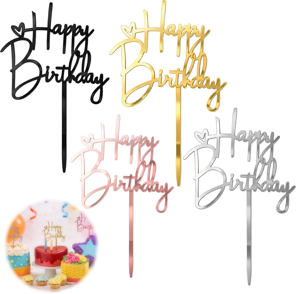 Acryl taartdecoraties set van 4 - Herbruikbaar voor verjaardag - Glanzend en stevig - SnelShoppen