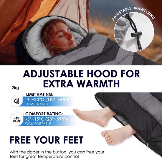 SnelShoppen - Slaapzak voor de winter -15 °C tot 0 °C, ultralichte campingslaapzak voor volwassenen en kinderen, 4-seizoenen slaapzak met compressieza van Snelshoppen — afbeelding 4