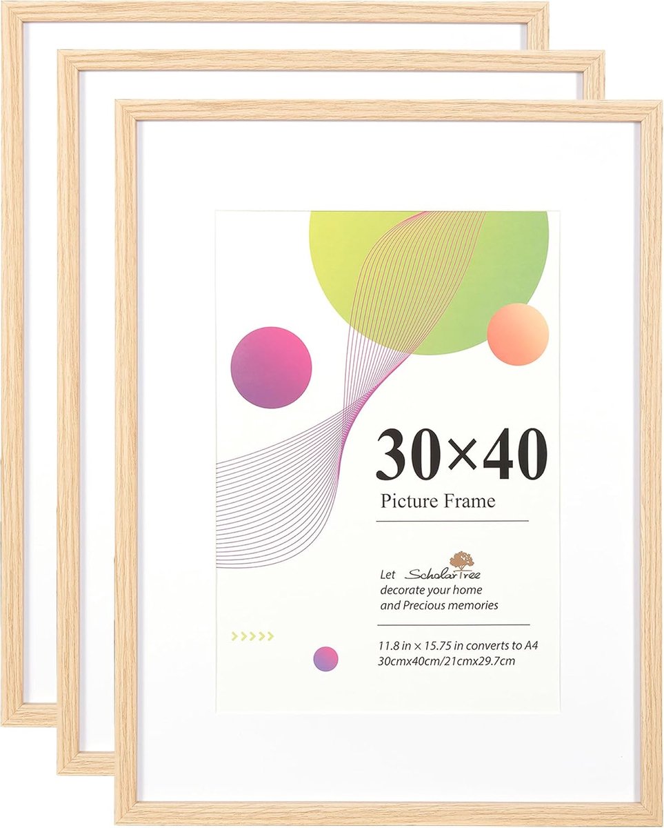 Fotolijst 30 x 40 - Eikenhout - 3 stuks - Inclusief A4 passe-partout - Perfect voor wanddecoratie - SnelShoppen