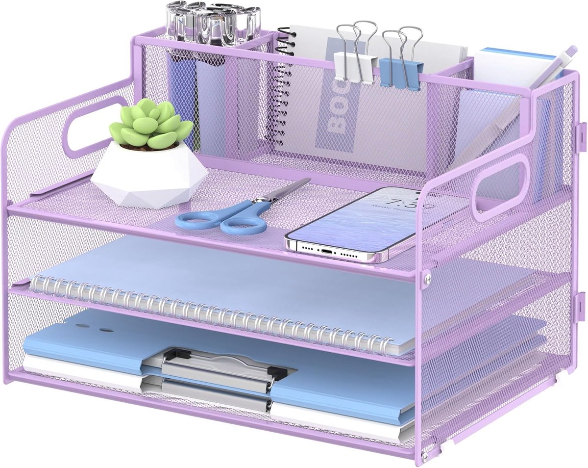 Bureau organizer 3 lagen - lichtpaars - met handvat en 3 penhouders - perfect voor kantoorbenodigdheden - SnelShoppen