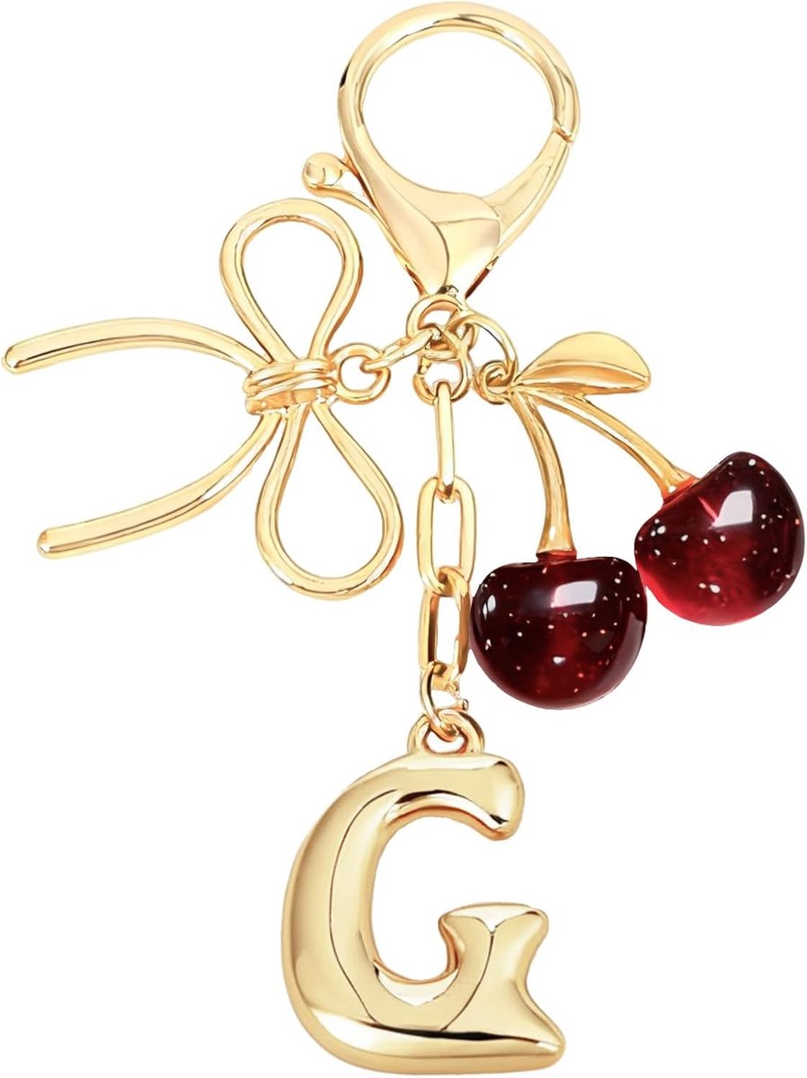 Sleutelhanger met letter A - Gouden hanger met strik en kersen - Schattige tasaccessoires voor vrouwen - SnelShoppen