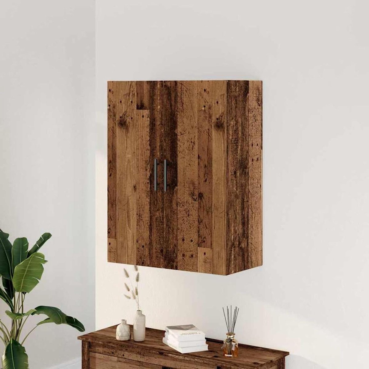 Wandkast Hout - Opbergkast Keuken - Spullen Opbergen - Oude Houtlook - 69.5 x 34 x 90 cm - Houtkleur