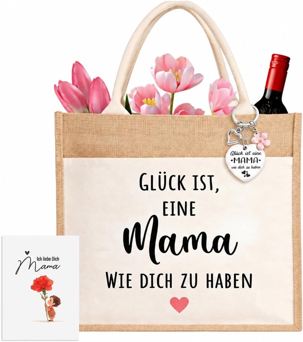 Jute tas voor mama - katoenen hengsels - met kaart en sleutelhanger - origineel moederdagcadeau - ShopVlot