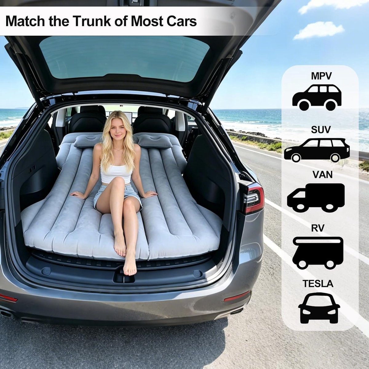 Luchtbed voor auto 190 cm x 130 cm - Grijs - Inclusief pomp en 2 kussens - Ideaal voor camping - ShopVlot