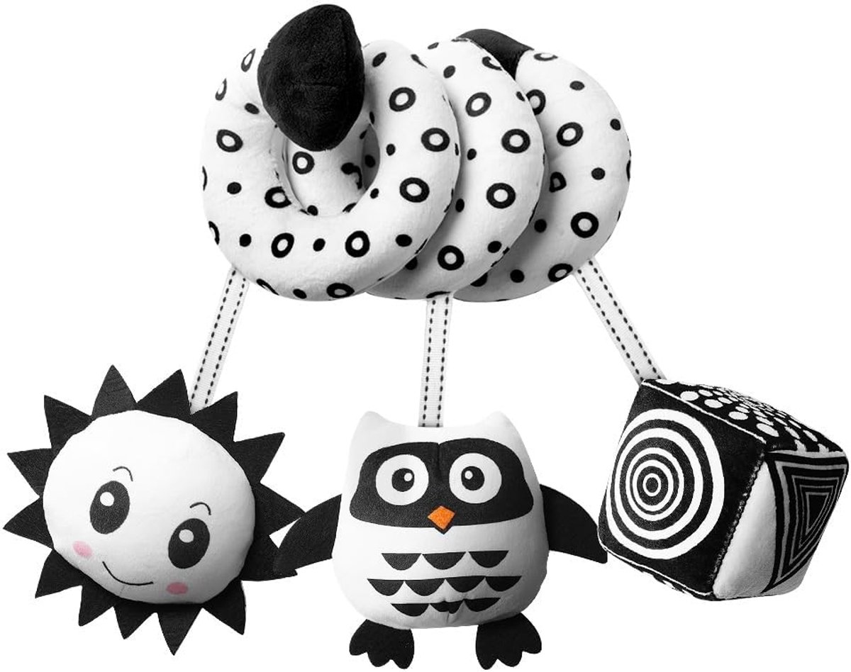 Babyspeelgoed kinderwagen - Zwart-wit spiraal - Veilig en zacht materiaal - Voor grip en gevoel met bel - ShopVlot