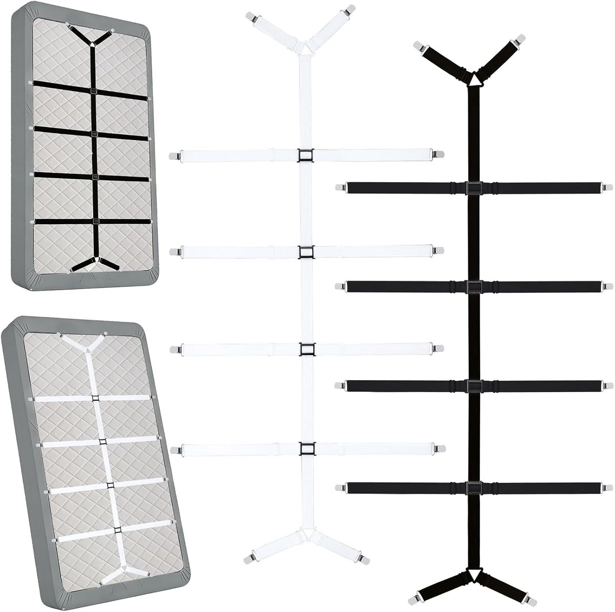 2 stuks verstelbare hoeslakenhouders, hoeslakenhouders voor hoeslakens | Verstelbare bedlakenspanner, spanners met metalen clip, voor laken, matras of bank (wit + zwart)