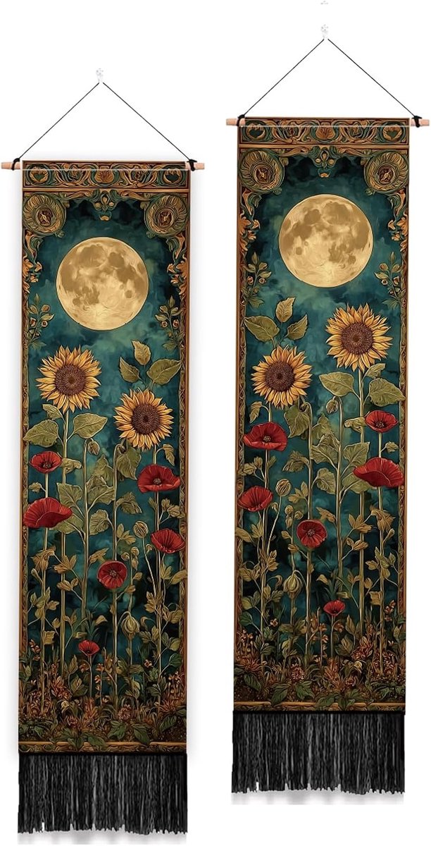 Pack van 2 Maanverlichte tuin wandtapijt, vintage bloemen lang verticaal tapijt esthetische muur opknoping met kwastjes voor slaapkamer woonkamer home art decor, 130 x 33 cm