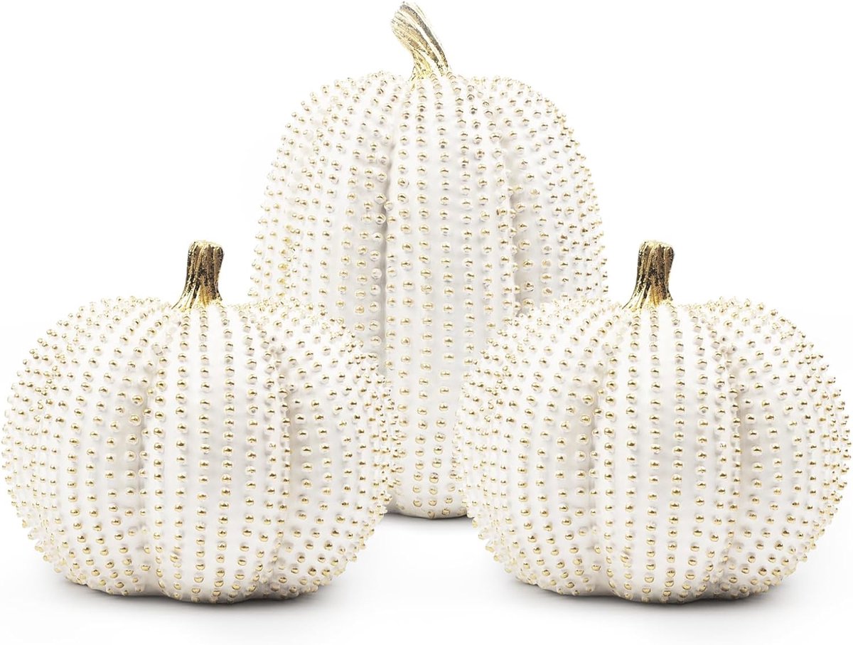 3 stuks grote Thanksgiving hars pompoenen, herfst pompoen beeldjes wit en goud glitter hars pompoen voor thuis keuken Halloween Thanksgiving herfst oogst decoratie