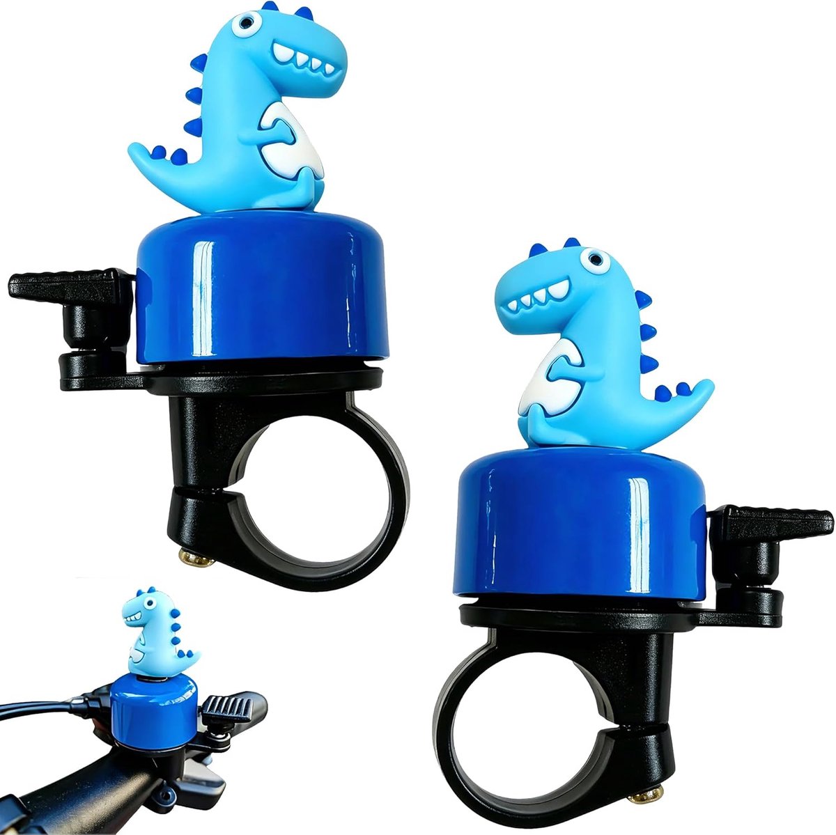 2 stuks dinosaurus-fietsbel, blauw, mini-bel, fiets, grappig voor volwassenen, luide fietsbel voor fiets, scooter, driewieler, mountainbike, praktische fietsbel, klein, voor fietsaccessoires