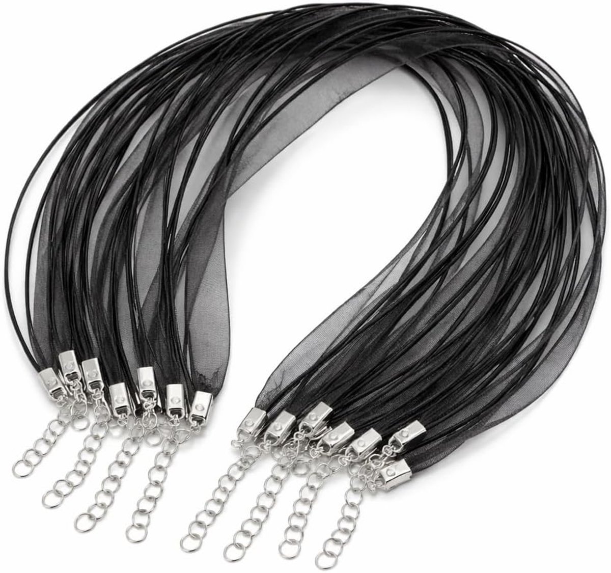 Organza halsketting, zwart, 10 stuks, 44 cm, met wasband, sieradenband met karabijnsluiting, verlengketting voor hangers, bedels, doe-het-zelf sieraden maken