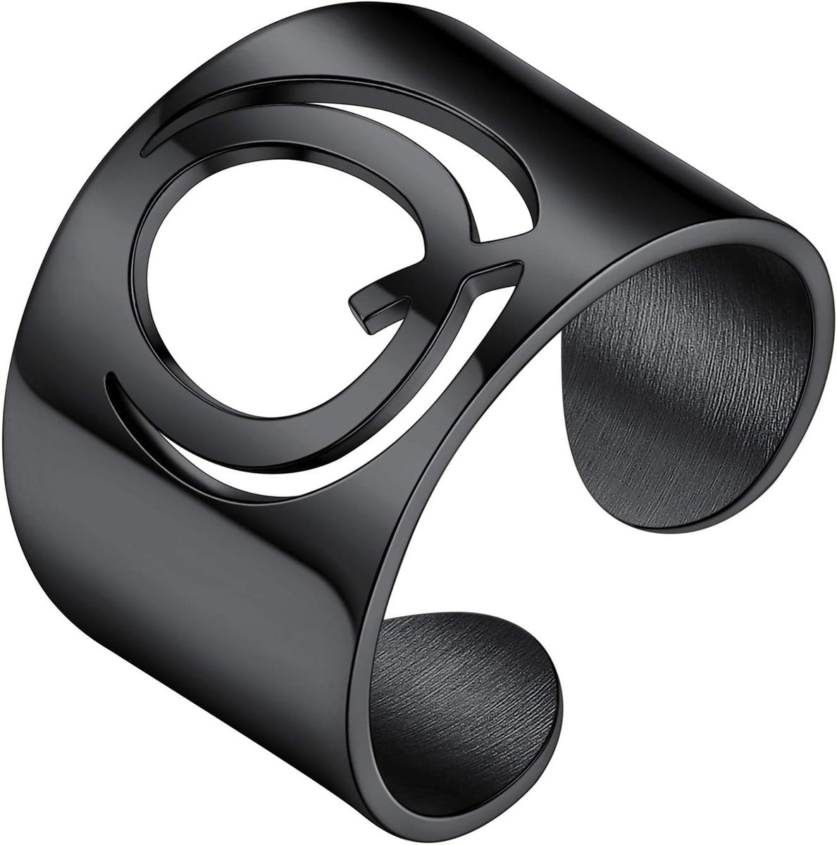 Damesring met letter Q, zwart staal, open ring met initiaal