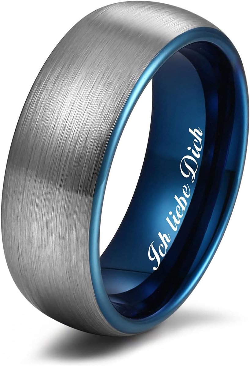 Ring voor dames en heren, wolfraam verlovingsring, trouwring, partnerringen, geborsteld, 6 mm, 8 mm, zwart, blauw, met gravure "Ich liebe Dich"