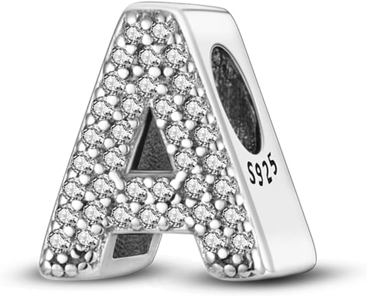 Bedelhanger voor dames, letter A-Z, voor armband, 925 sterling zilver, bedelkralen, geschikt voor armband en halsketting, compatibel met Europese armbanden voor vrouwen en meisjes, Sterling zilver, Zirkonia